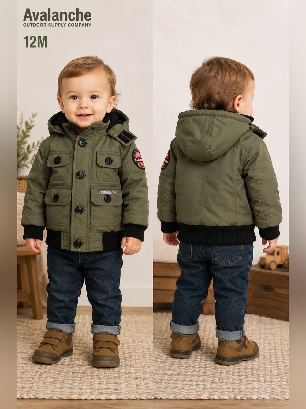 Avalanche Toddler 12M Olive Green Hooded Utility Winter Jacket Cargo Pockets